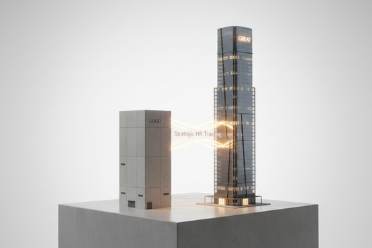 Architectural models of a "Good" concrete building and a "Great" glass skyscraper connected by a light bridge representing Strategic HR Training.